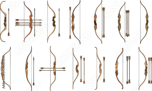 Traditional Bow and Arrow Vector Collection Featuring Wooden Archery Bows and Arrows in Various Styles for Hunting, Sport, and Historical Design Projects