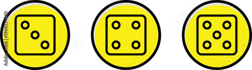 Three yellow dice icons in circular frames, vector graphic illustration