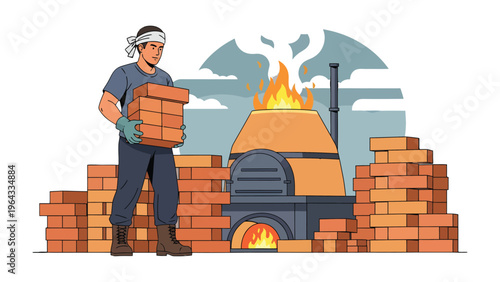 Artisan and Kiln: An artisan carries freshly made bricks, symbolizing construction, near a traditional kiln with flames, highlighting the craft and industry.