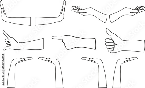 Vector line art illustration of human hands and arms in diverse poses.