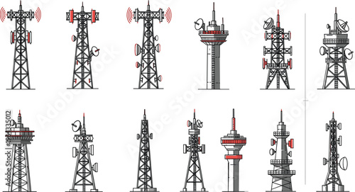 Telecommunication Tower Vector Collection Featuring Cellular Antenna Structures, Radio Signal Transmitters, and Network Infrastructure for Technology, Communication, and Engineering Design