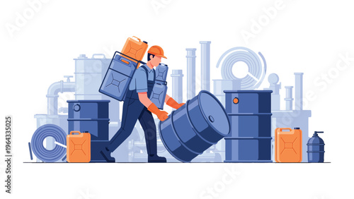 Oil Worker with Barrels: A diligent worker in an industrial setting, expertly maneuvering barrels, embodying the core of industry and its crucial processes.