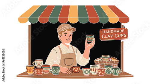 Artisan's Clay Cup Display: An artisan proudly presents a handmade clay cup, showcasing its intricate design amidst a vibrant array of other handcrafted ceramics. 