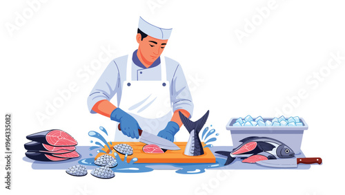 Fishmonger's Precision: A skilled fishmonger expertly fillets a fresh fish, revealing the vibrant hues of the catch. The scene evokes freshness, expertise, and culinary delight.