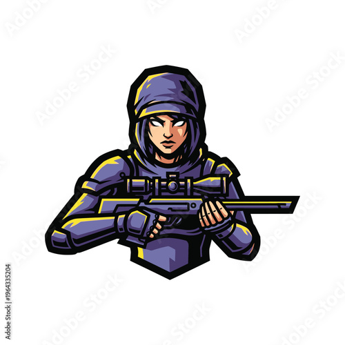 Female soldier holding a gun ready.