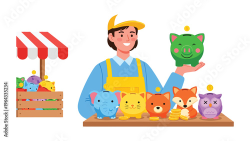 Piggy Bank Showcase: A friendly vendor presents an array of charming piggy banks, each embodying the spirit of saving and financial stewardship.