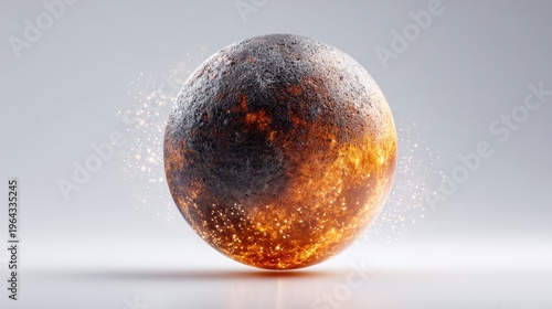 Glowing molten lava sphere with charred crust and flying sparks on clean studio background