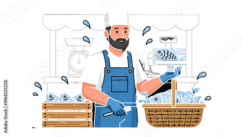 Fishmonger at the Market: A fishmonger, dressed in a white hat and apron, meticulously arranges fresh fish at a bustling market stall, embodying the essence of quality and culinary excellence.