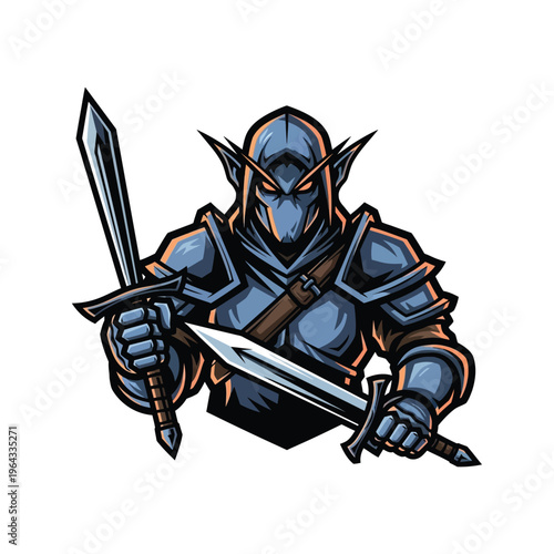 Cartoon fantasy warrior with swords.