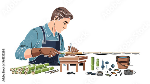 Crafting Bamboo: A skilled artisan meticulously works on a bamboo craft, creating unique pieces with care and precision, showing the traditional process.