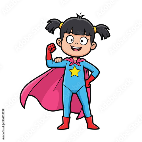 Little girl in blue superhero costume with pink cape and yellow star