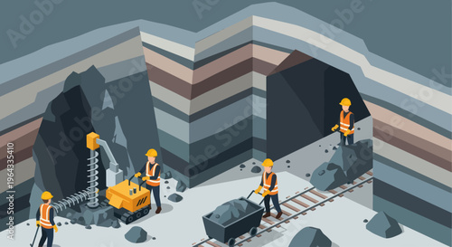 Miners working in a coal mine with heavy machinery and carts.