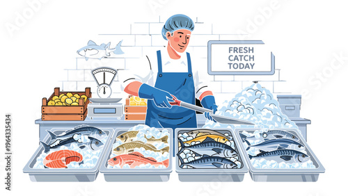 Fresh Catch Display: An image of a seafood seller, diligently arranging fresh catches on display, highlighting the pristine freshness and quality of his wares, enticing customers.