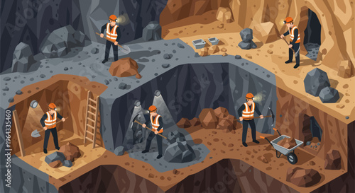 Miners working in a cave extracting minerals and rocks.