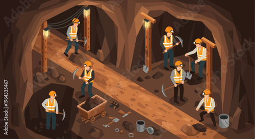 Miners working in a mine, mining for resources.