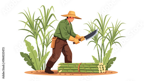 Sugarcane Harvest: A farmer in a straw hat meticulously harvests sugarcane using a machete amidst a vibrant field of sugarcane, showcasing the rural labor and agricultural practices.