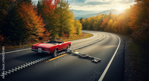 Red truck on winding road.
