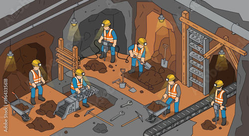 Miners working together in an underground mine extracting resources.