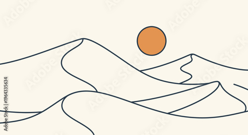 Minimalist desert landscape with sand dunes and sun.