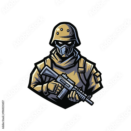 Soldier wearing a gas mask and helmet.