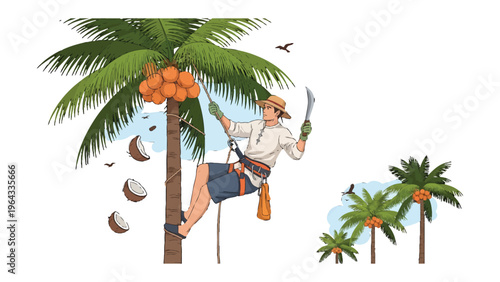 Harvest of the Tropics: A skilled worker, expertly scaling a towering palm tree, meticulously gathers a bounty of golden coconuts in a sun-drenched tropical paradise.