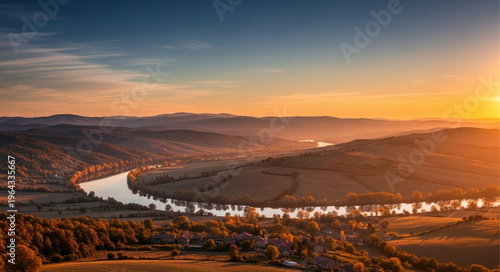 River flowing through landscape hills.