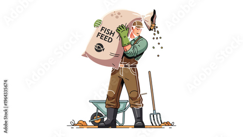 Farmer Feeding Fish: A dedicated farmer, with a bag of fish feed, diligently prepares to nourish his aquatic livestock, showcasing the care and commitment involved in aquaculture and agriculture.