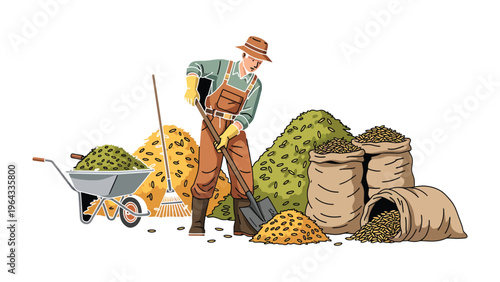 Farmer with Harvest: A dedicated farmer, toiling diligently with a shovel amidst a bountiful harvest of grains and hay, with sacks filled, wheelbarrow for transport.