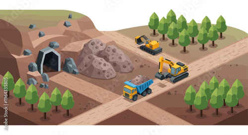 Mining operation with excavators and dump trucks in action.