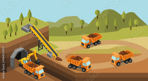 Mining operation with excavators and dump trucks transporting materials.