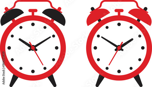 Vector graphic illustration of two red alarm clocks side by side