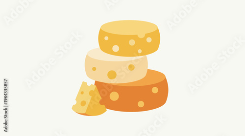 Illustration of three stacked cheese wheels in varying shades of yellow and orange with a small cheese wedge beside them.
