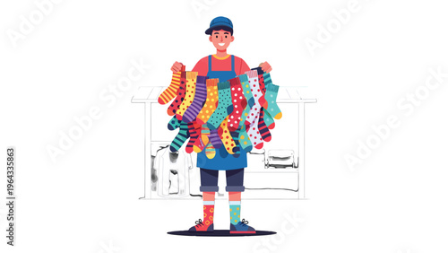 Sock Seller's Showcase: A vibrant illustration depicts a cheerful sock seller proudly displaying an array of colorful socks, each with a unique pattern and design.