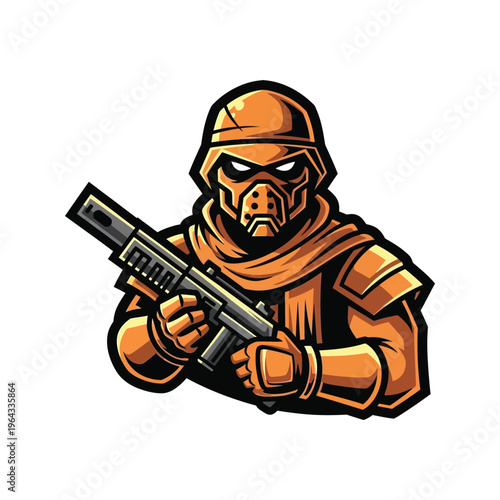 Cartoon soldier in orange armor.