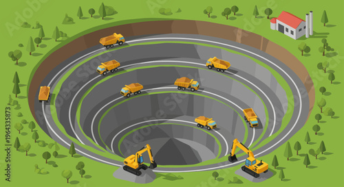 Mining Operation Excavation Site With Heavy Machinery And Trucks.