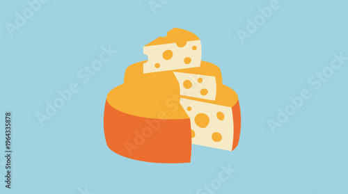A stylized illustration of a tiered cheese cake or stack of various cheese wheels and slices, featuring holes and a vibrant orange rind, set against a light blue background.