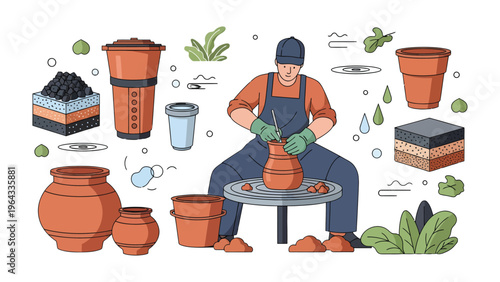 Potter at Work: A skilled potter intently molds clay on a spinning wheel, surrounded by tools and works-in-progress, embodying craftsmanship and the art of creation.