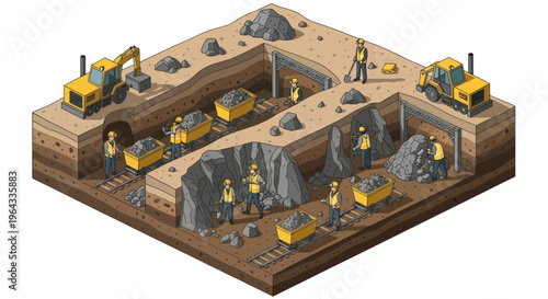 Mining Operation with Excavators and Workers in an Open Pit Mine.