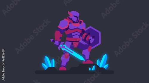 Stylized purple and red armored knight standing with a glowing blue sword and shield amidst blue crystals.