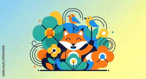 Smiling Fox in Floral Pattern.