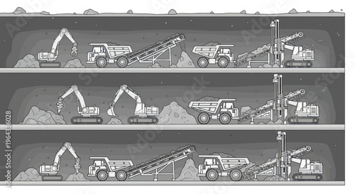 Mining operation with excavators trucks and conveyor belts in underground tunnels.