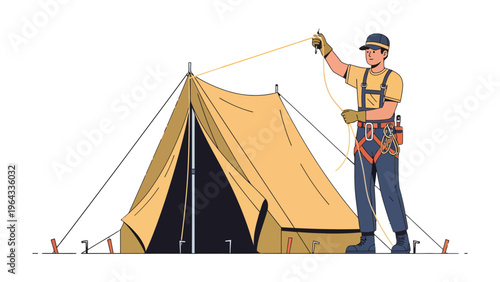 Tent Erection: A focused individual skillfully sets up a sturdy camping tent, demonstrating expertise and determination in the wilderness.
