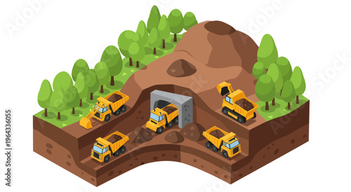 Mining Operation with Trucks and Tunnel Entrance.