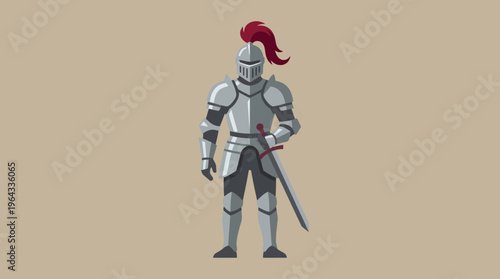 Detailed illustration of a medieval knight in full plate armor with a red plume and a sword.