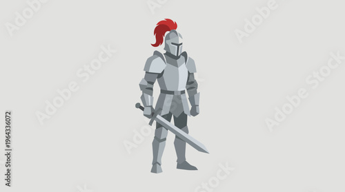 Stylized illustration of a medieval knight in full plate armor holding a longsword, with a red plume on his helmet, against a plain grey background.