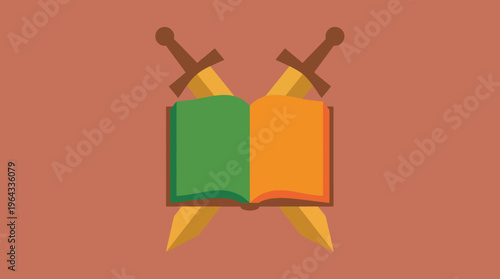An open book with green and orange pages, crossed by two golden swords, set against a warm reddish-brown background, symbolizing knowledge and conflict.
