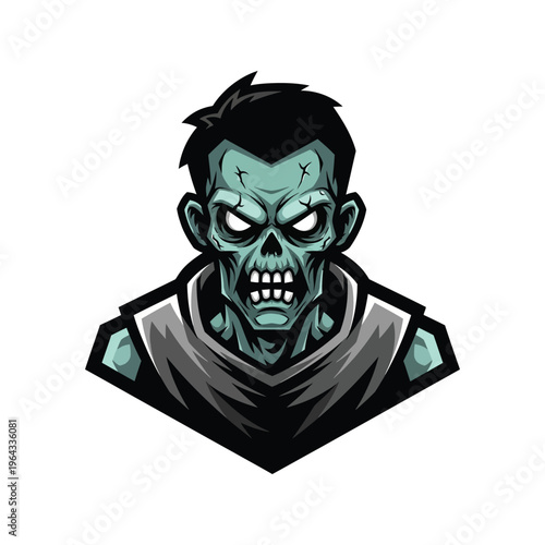 Cartoon zombie head with green skin.