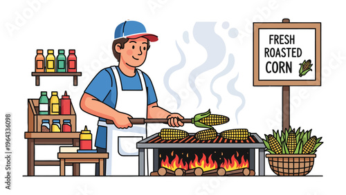 The Corn Vendor: An illustration of a cheerful vendor roasting corn over an open flame, offering a delicious and rustic treat.