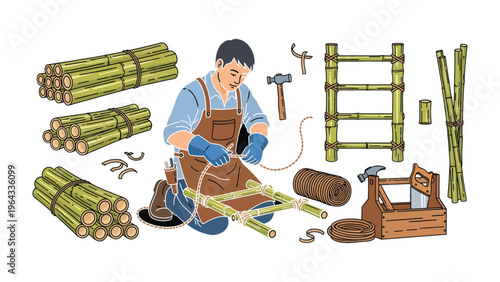 Crafting with Bamboo: A dedicated artisan meticulously constructs a bamboo ladder, showcasing skill and precision in the art of traditional craftsmanship.