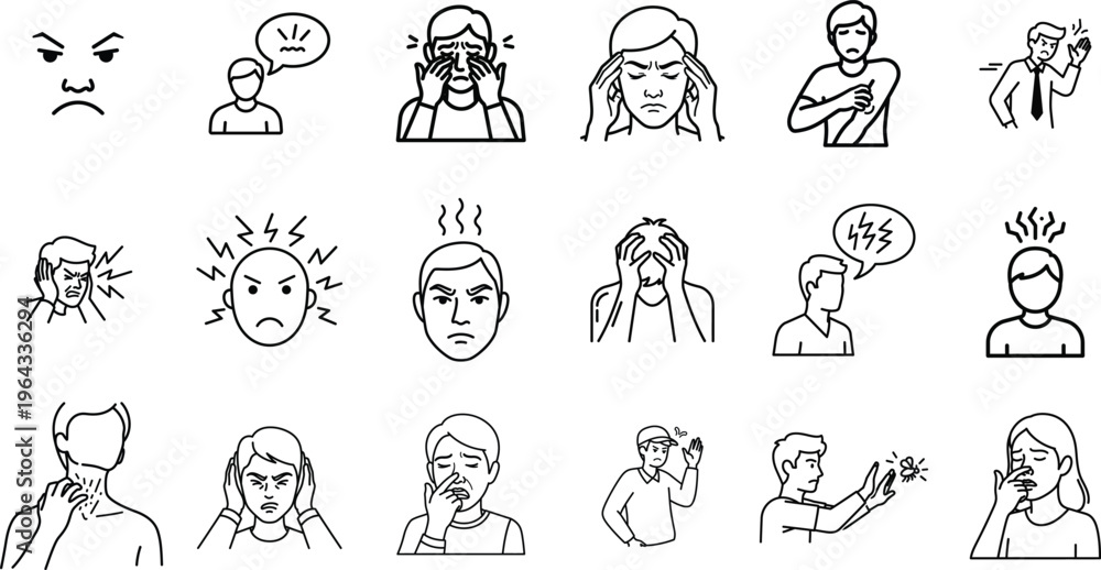 Fototapeta premium A collection of 15 emotive cartoon faces and people expressing various emotions and reactions